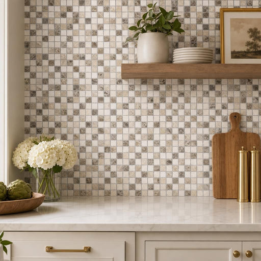 Veined Marble Mix 5/8x5/8 12x12 Sheet Natural Mosaic — Kitchen backsplash