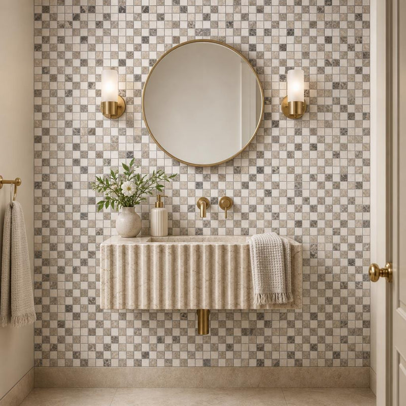 Veined Marble Mix 5/8x5/8 12x12 Sheet Natural Mosaic — Powder Room wall