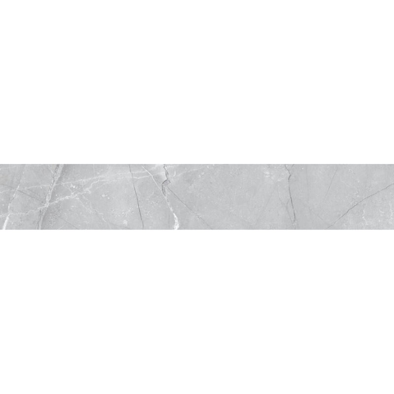 Single Velvet Grey 4x24 porcelain tile with light grey marble-look veining on a white background.