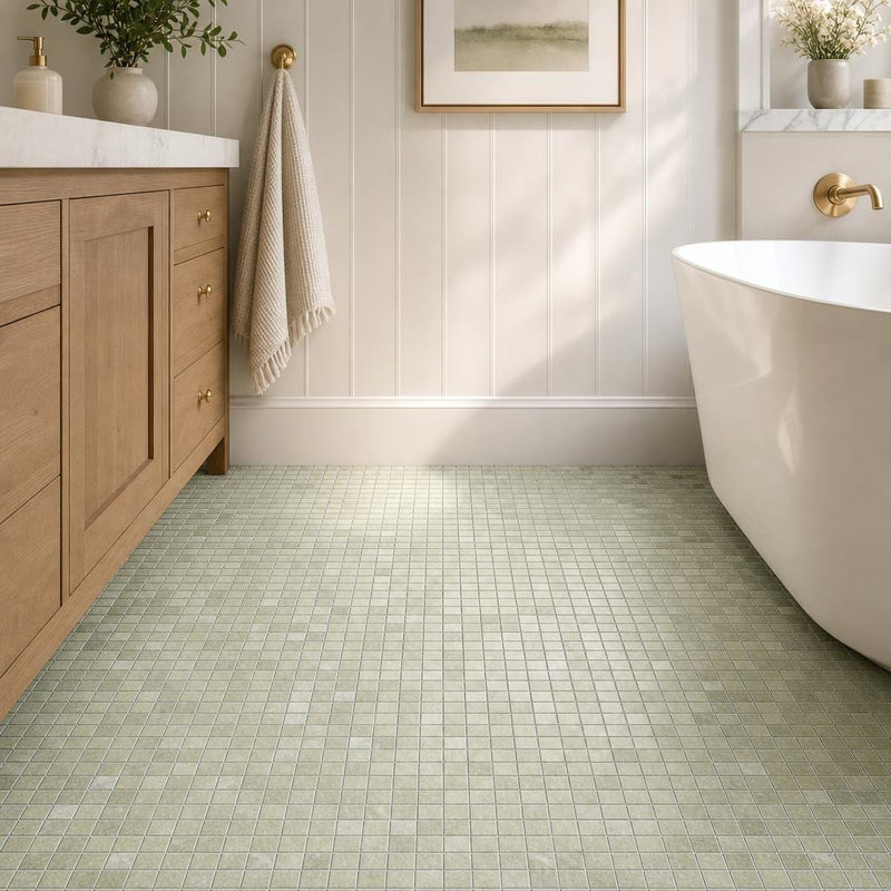 Verde Laguna 5/8x5/8 12x12 Sheet Natural Veined Marble Mosaic — Bathroom floor