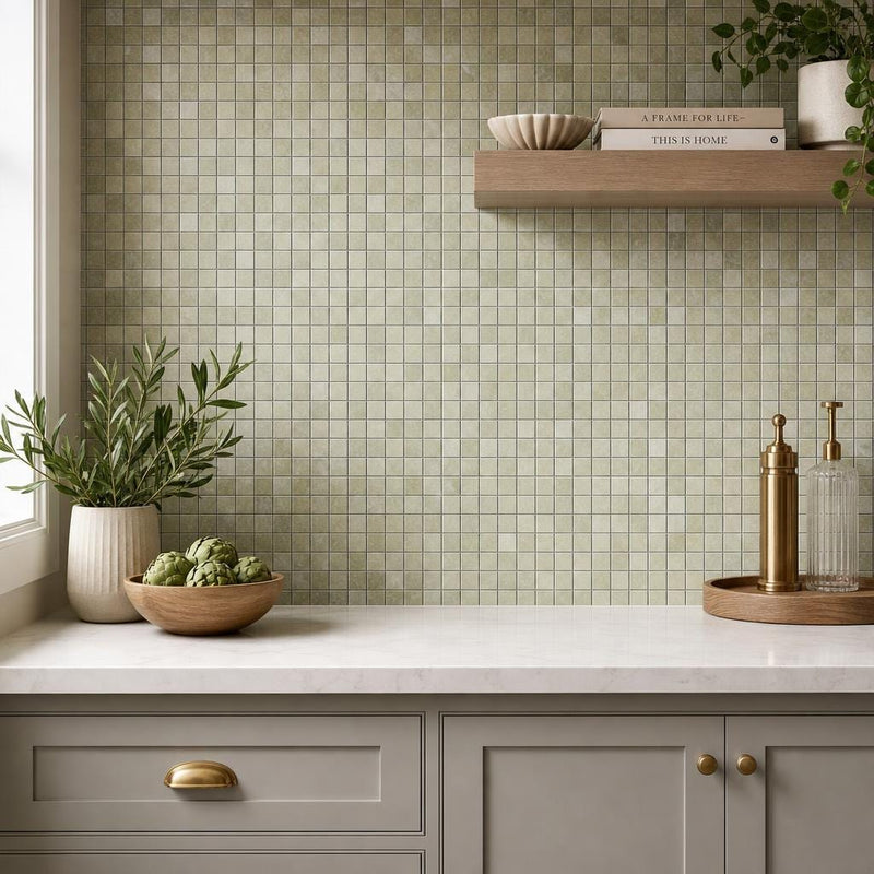 Verde Laguna 5/8x5/8 12x12 Sheet Natural Veined Marble Mosaic — Kitchen backsplash