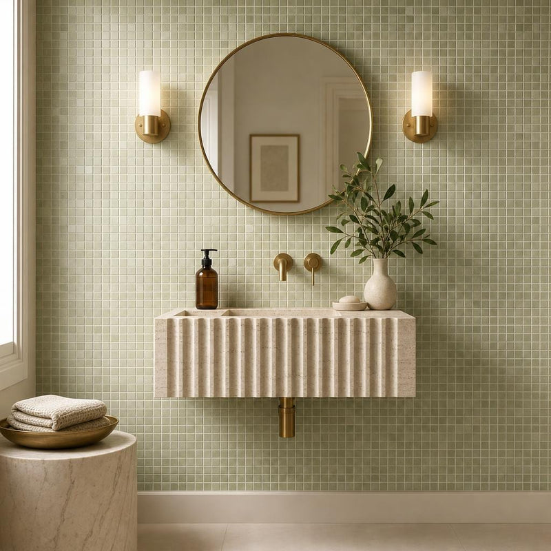 Verde Laguna 5/8x5/8 12x12 Sheet Natural Veined Marble Mosaic — Powder Room wall
