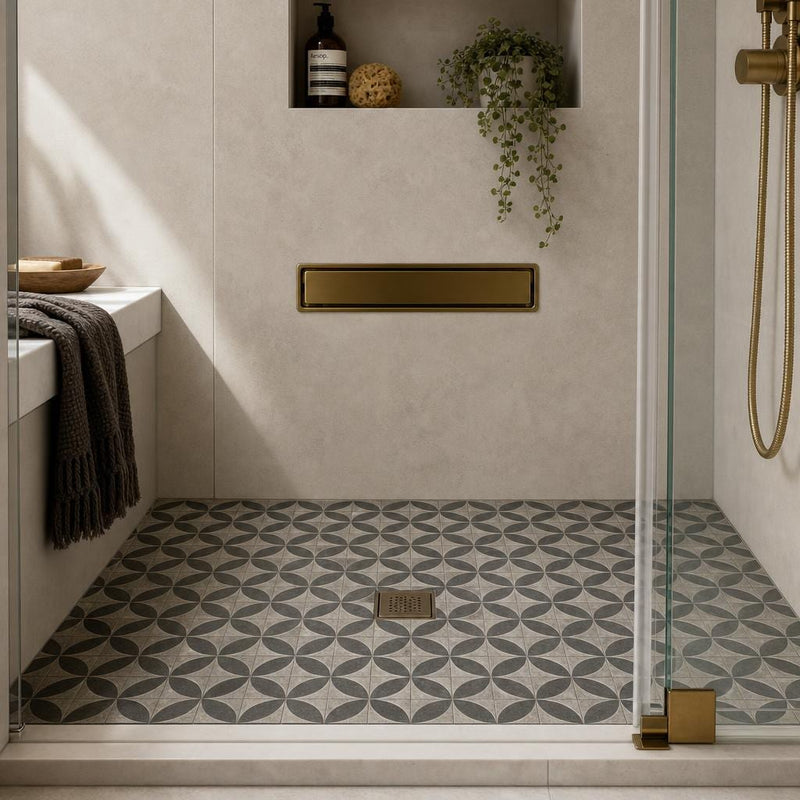 Vogue Dark 2x2 Matte, Polished Natural Stone Mosaic — Bathroom shower floor