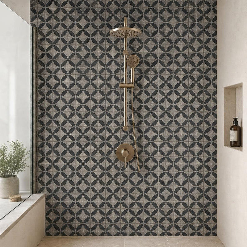 Vogue Dark 2x2 Matte, Polished Natural Stone Mosaic — Bathroom shower wall