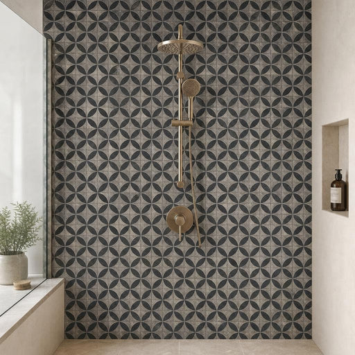 Vogue Dark 2x2 Matte, Polished Natural Stone Mosaic — Bathroom shower wall