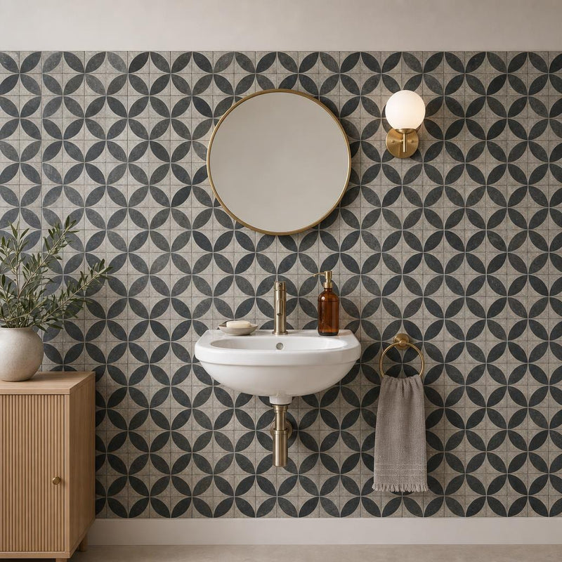 Vogue Dark 2x2 Matte, Polished Natural Stone Mosaic — Powder Room wall