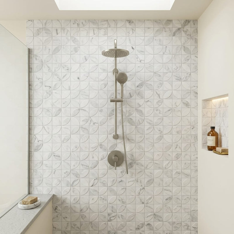 Vogue Light 2x2 Matte, Polished Natural Stone Mosaic — Bathroom shower wall