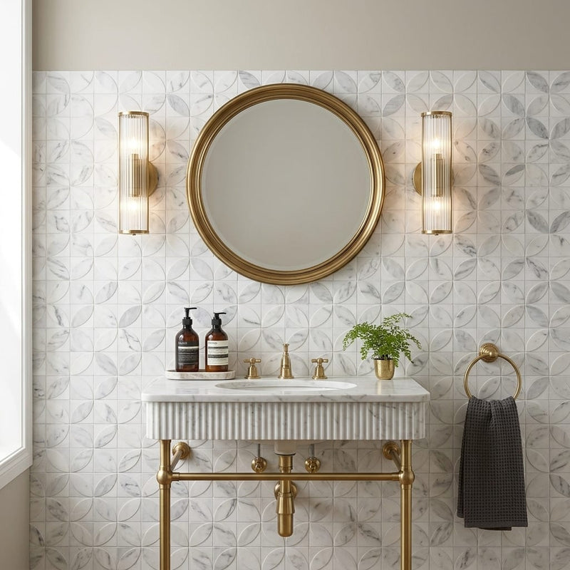 Vogue Light 2x2 Matte, Polished Natural Stone Mosaic — Powder Room wall