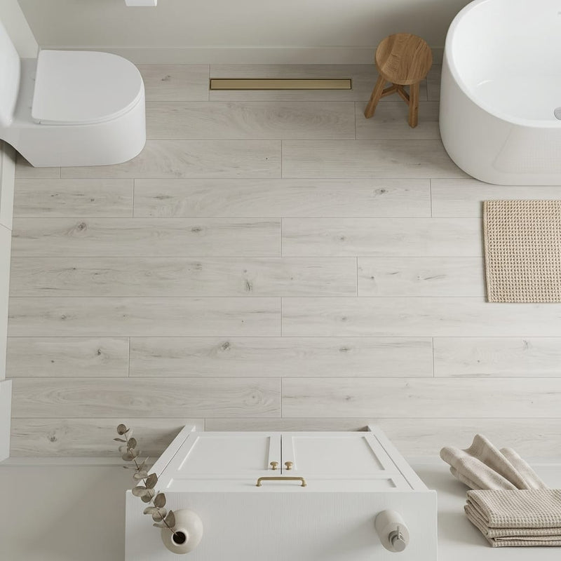 Voila 5G Ivory Oak 8.43x50.62 10mm AC6 Laminate Flooring 8x48 tile — Bathroom floor