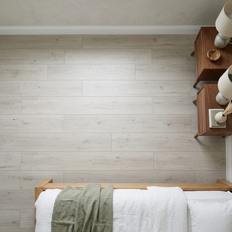Voila 5G Ivory Oak 8.43x50.62 10mm AC6 Laminate Flooring 8x48 tile — Bedroom floor