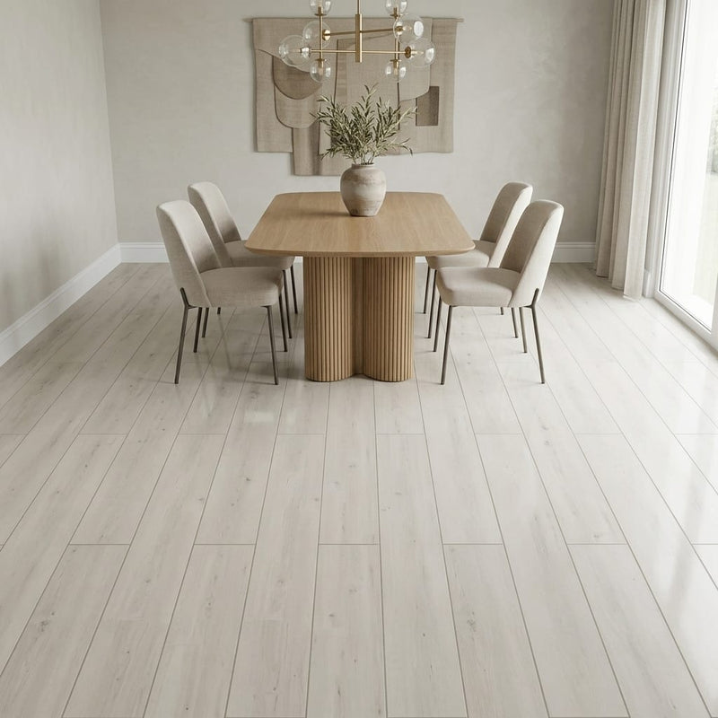 Voila 5G Ivory Oak 8.43x50.62 10mm AC6 Laminate Flooring 8x48 tile — Dining Room floor