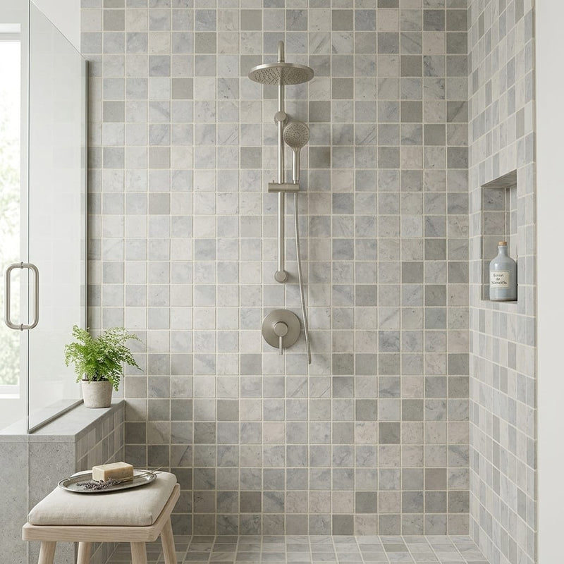 Volcanic Gray 2x2 Square Honed Limestone Mosaic — Bathroom shower wall
