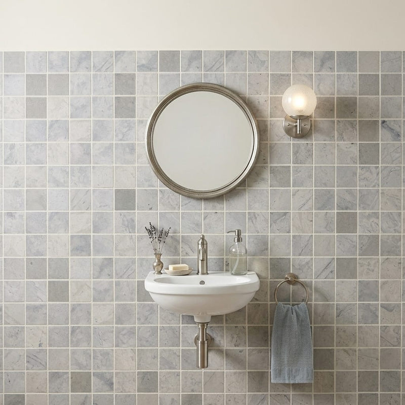 Volcanic Gray 2x2 Square Honed Limestone Mosaic — Powder Room wall