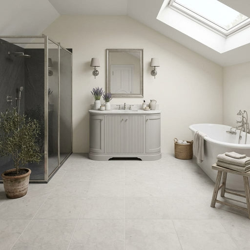 Volcanic Gray Limestone Tile 12x12 Honed 3/8 inch — Bathroom floor