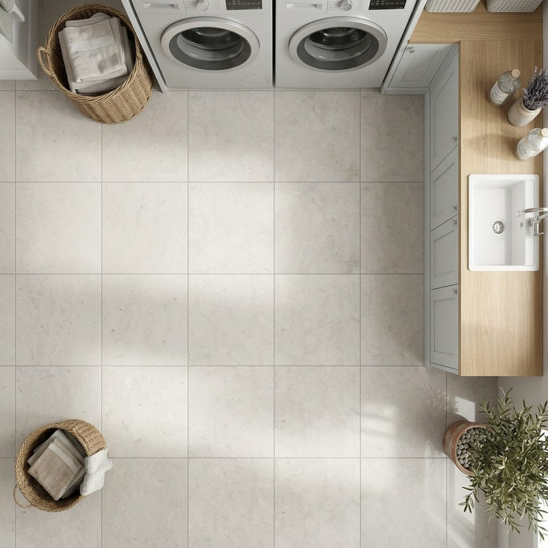 Volcanic Gray Limestone Tile 12x12 Honed 3/8 inch — Laundry Room floor