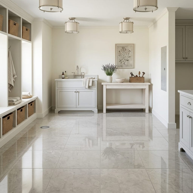 Volcanic Gray Limestone Tile 12x12 Polished 3/8 inch — Basement floor