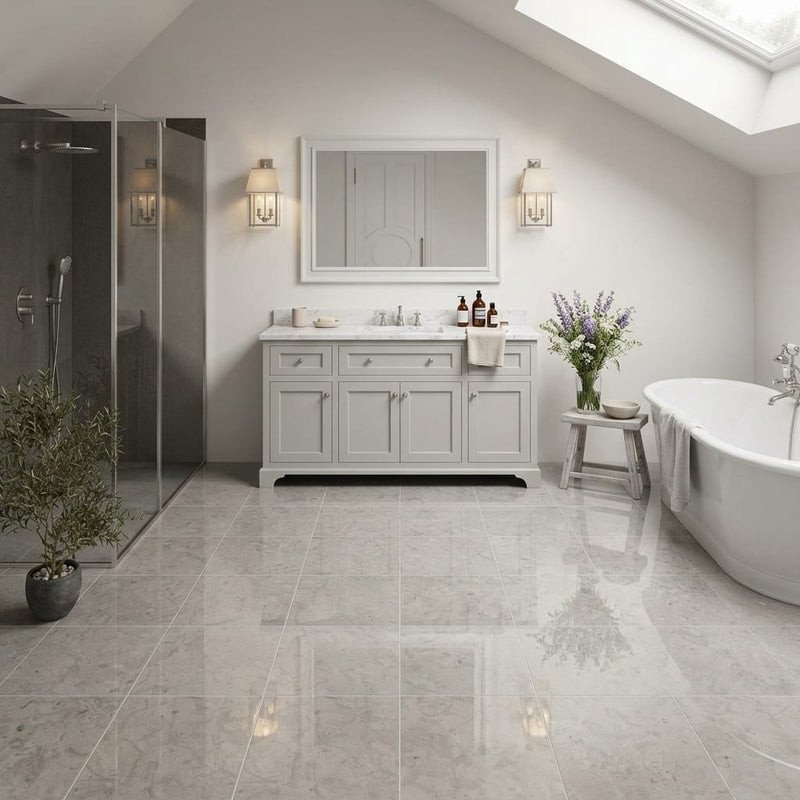 Volcanic Gray Limestone Tile 12x12 Polished 3/8 inch — Bathroom floor