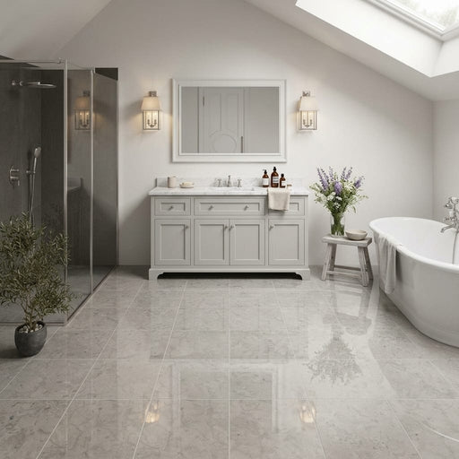 Volcanic Gray Limestone Tile 12x12 Polished 3/8 inch — Bathroom floor