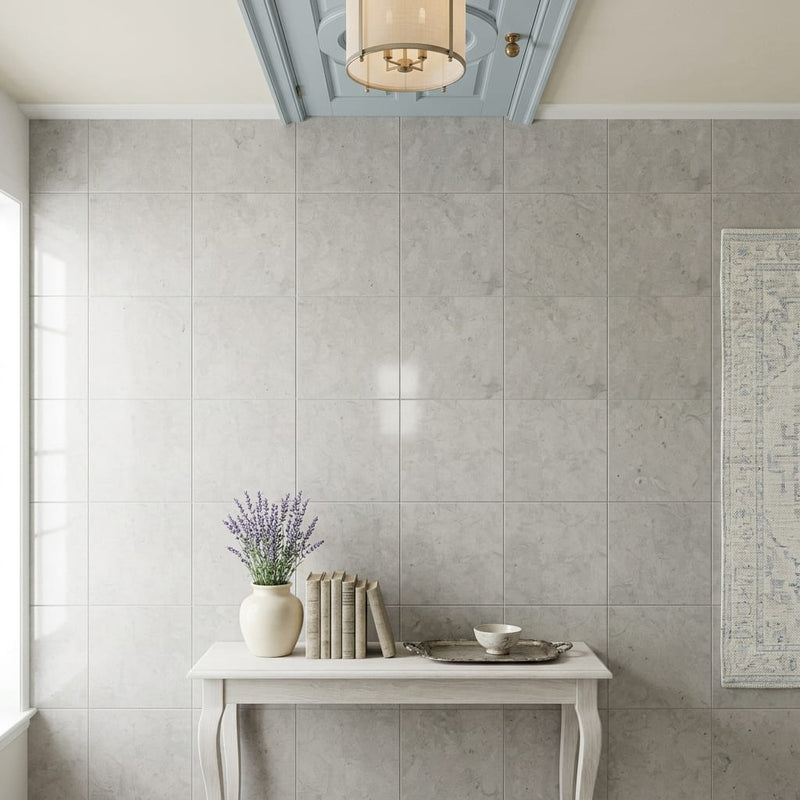 Volcanic Gray Limestone Tile 12x12 Polished 3/8 inch — Hallway floor