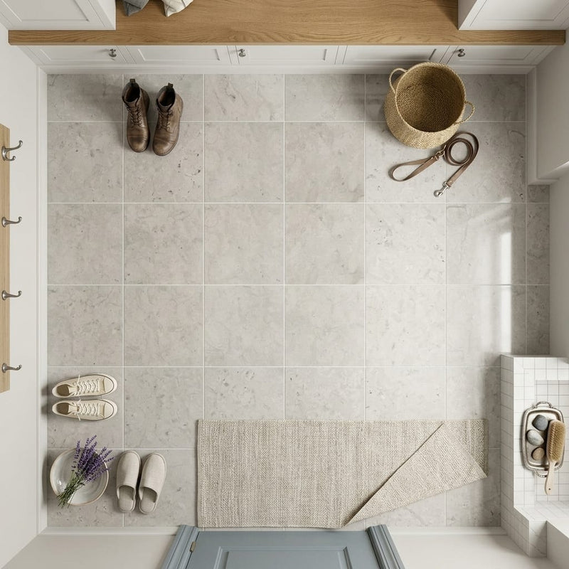 Volcanic Gray Limestone Tile 12x12 Polished 3/8 inch — Mudroom floor