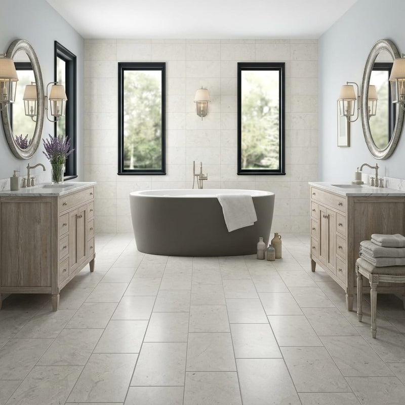 Volcanic Gray Limestone Tile 12x24 Honed 3/8 inch — Bathroom floor