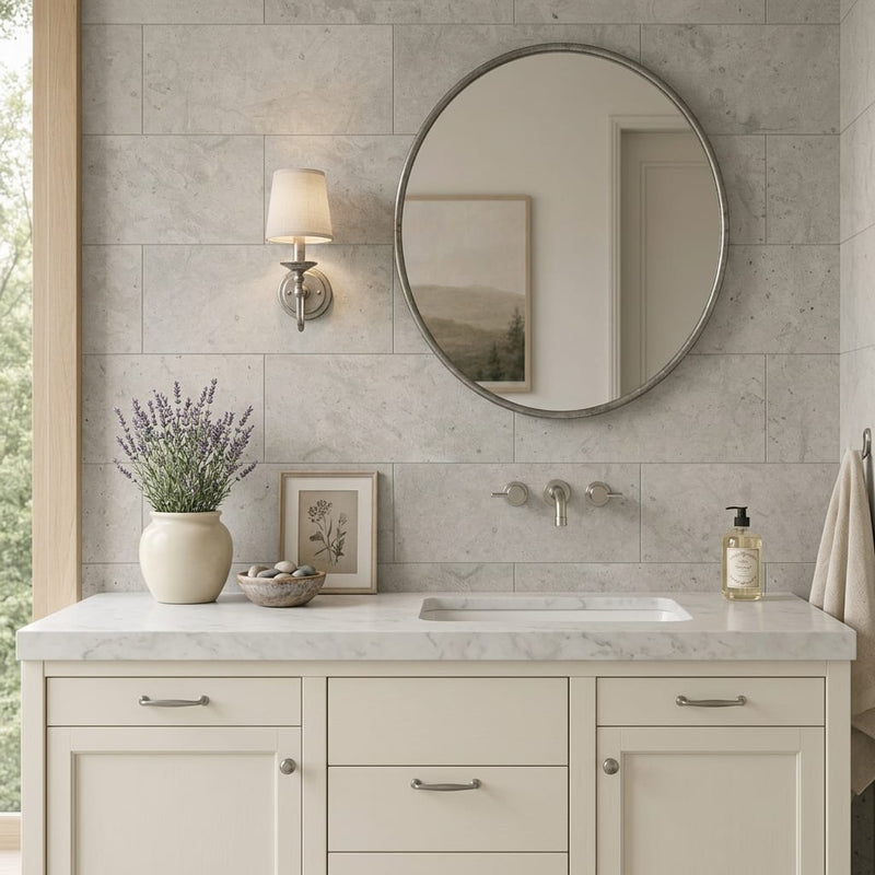 Volcanic Gray Limestone Tile 12x24 Honed 3/8 inch — Bathroom vanity wall