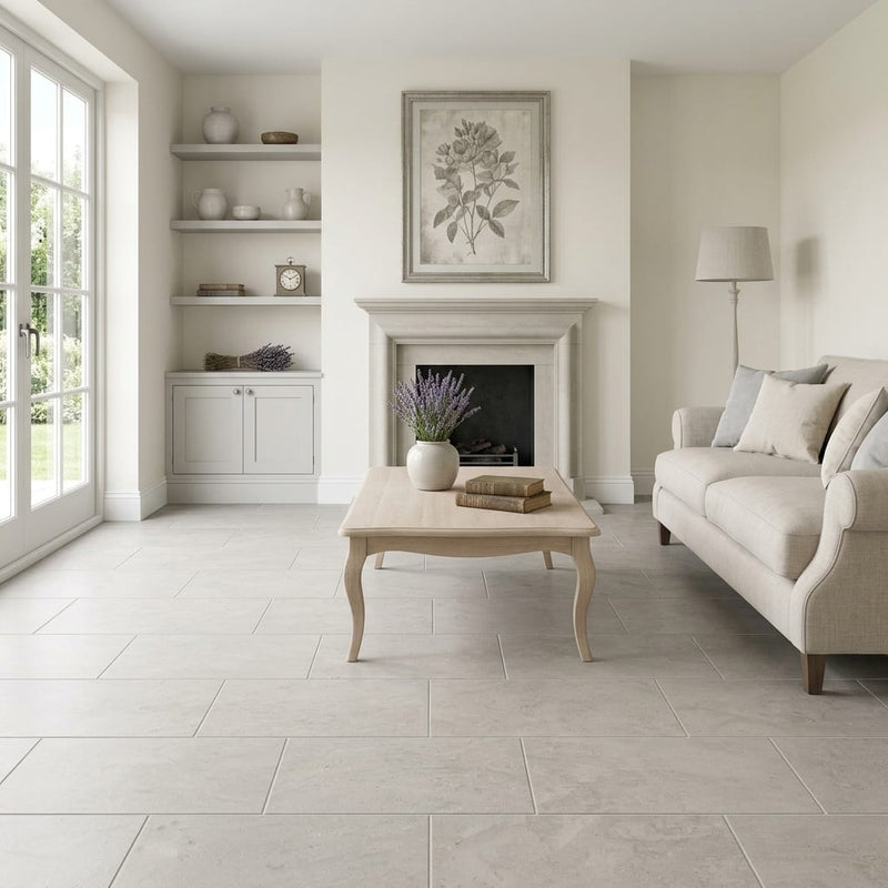 Volcanic Gray Limestone Tile 12x24 Honed 3/8 inch — Living Room floor