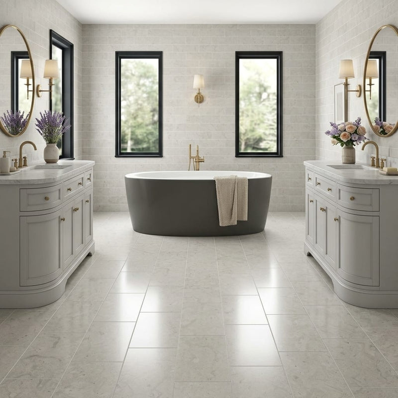 Volcanic Gray Limestone Tile 12x24 Polished 3/8 inch — Bathroom floor