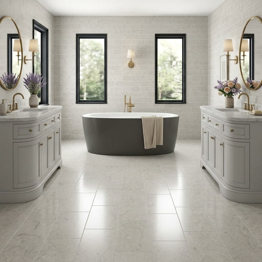 Volcanic Gray Limestone Tile 12x24 Polished 3/8 inch — Bathroom floor