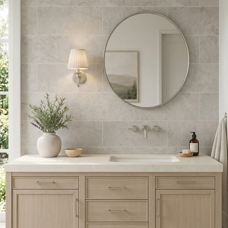 Volcanic Gray Limestone Tile 12x24 Polished 3/8 inch — Bathroom vanity wall
