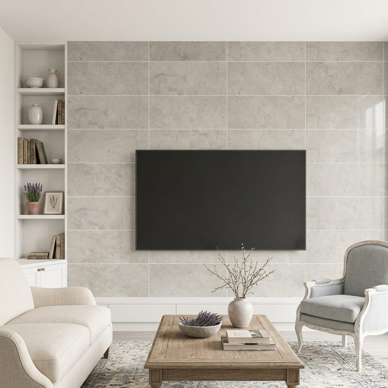 Volcanic Gray Limestone Tile 12x24 Polished 3/8 inch — Living Room feature wall