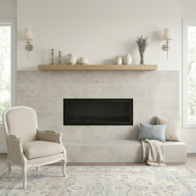 Volcanic Gray Limestone Tile 12x24 Polished 3/8 inch — Living Room fireplace surround