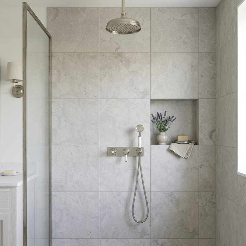 Volcanic Gray Limestone Tile 24x24 Honed 5/8 inch — Bathroom shower wall