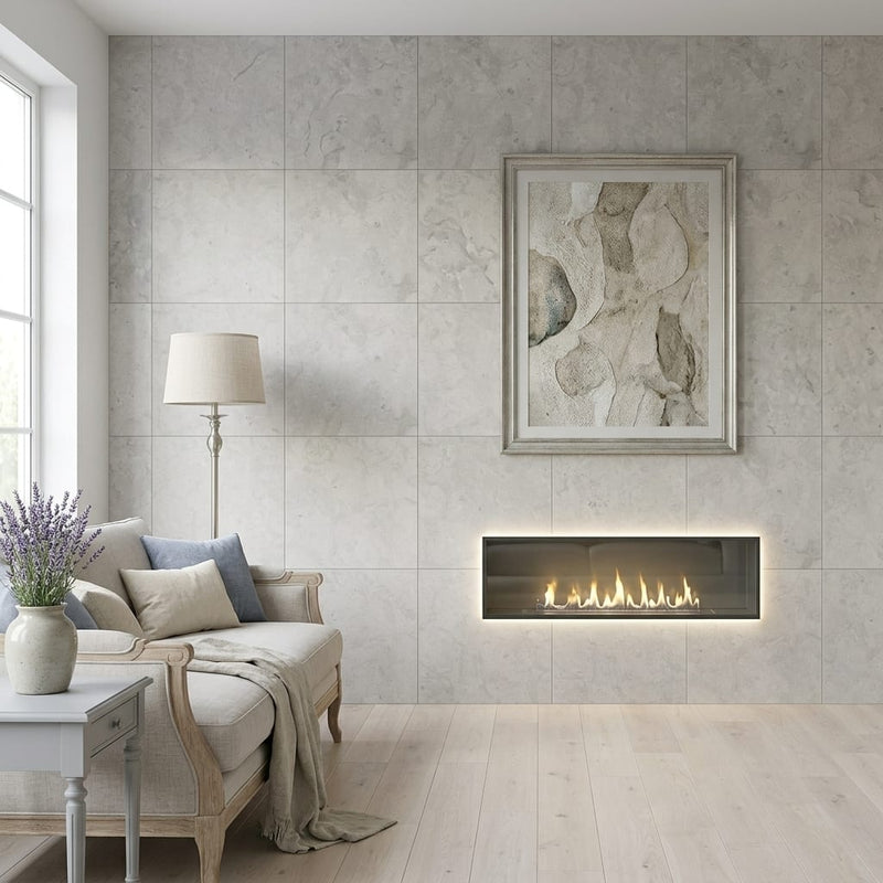 Volcanic Gray Limestone Tile 24x24 Honed 5/8 inch — Living Room feature wall
