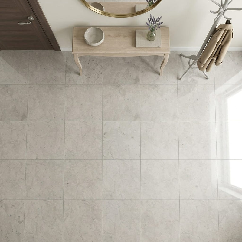Volcanic Gray Limestone Tile 24x24 Polished 5/8 inch — Foyer floor