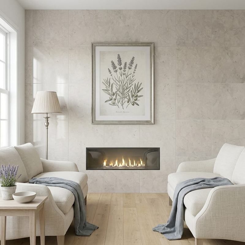 Volcanic Gray Limestone Tile 24x24 Polished 5/8 inch — Living Room feature wall