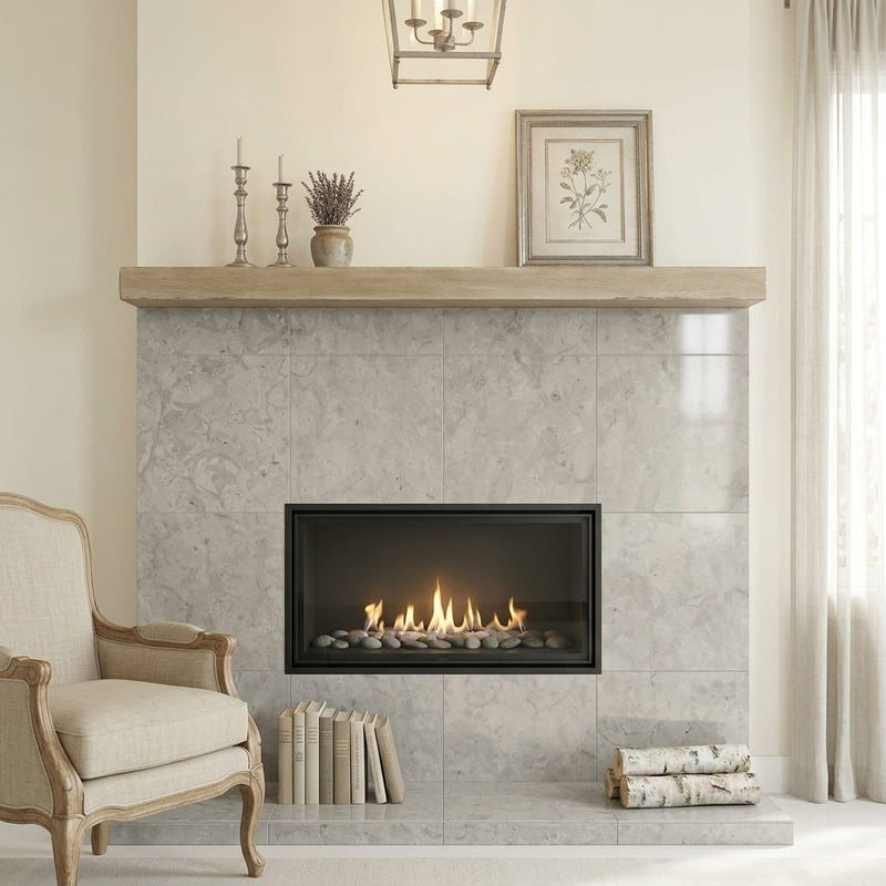 Volcanic Gray Limestone Tile 24x24 Polished 5/8 inch — Living Room fireplace surround