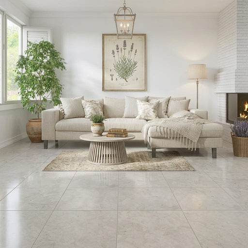 Volcanic Gray Limestone Tile 24x24 Polished 5/8 inch — Living Room floor