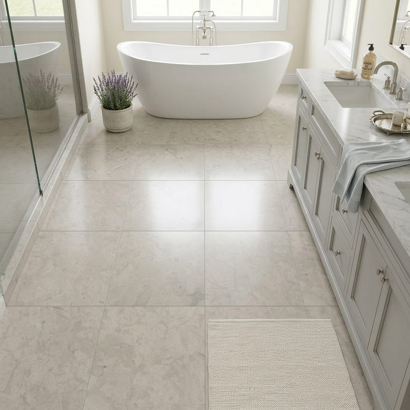 Volcanic Gray Limestone Tile 24x24 Polished 5/8 inch — Primary Bath floor