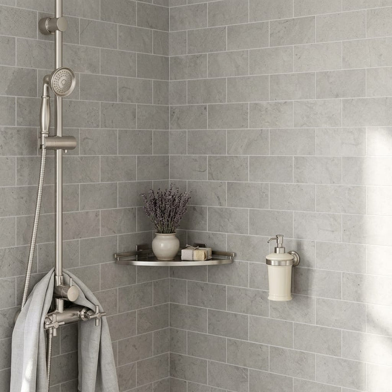 Volcanic Gray Limestone Tile 3x6 Honed 3/8 inch — Bathroom shower wall