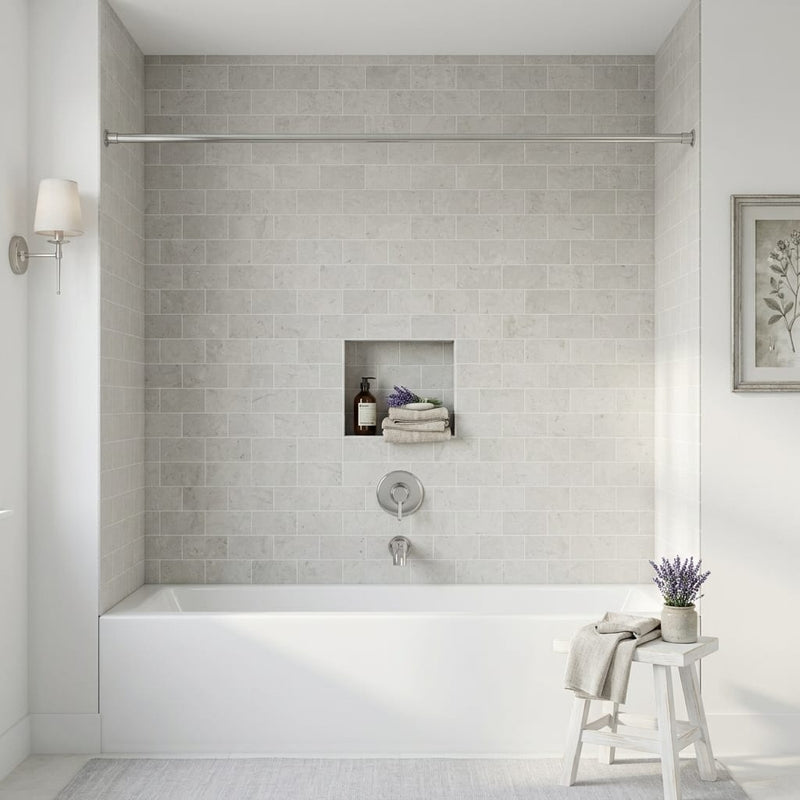 Volcanic Gray Limestone Tile 3x6 Honed 3/8 inch — Bathroom tub surround