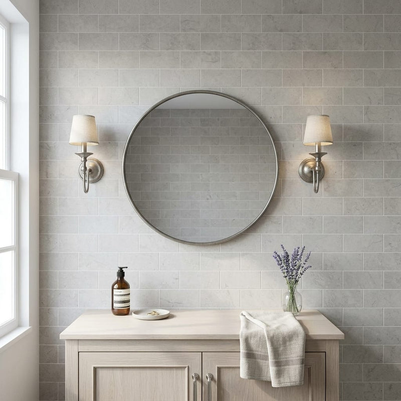 Volcanic Gray Limestone Tile 3x6 Honed 3/8 inch — Bathroom wall
