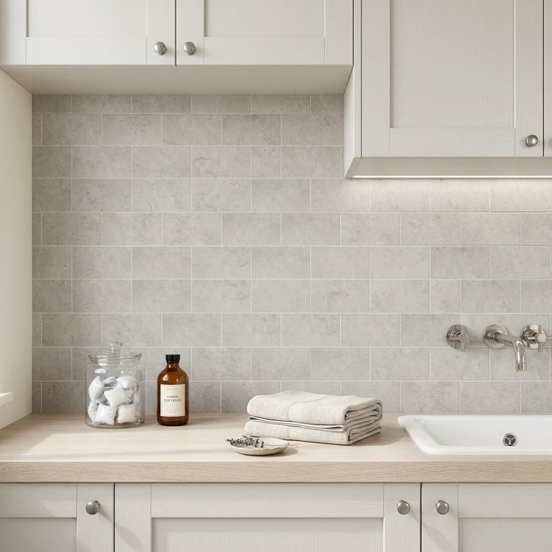 Volcanic Gray Limestone Tile 3x6 Honed 3/8 inch — Laundry Room backsplash