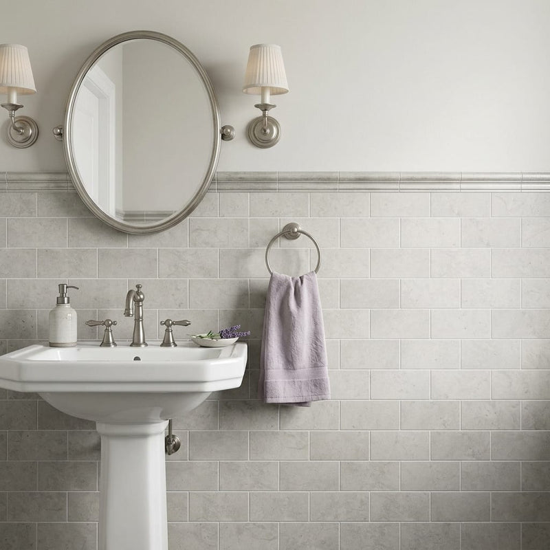 Volcanic Gray Limestone Tile 3x6 Honed 3/8 inch — Powder Room wainscot