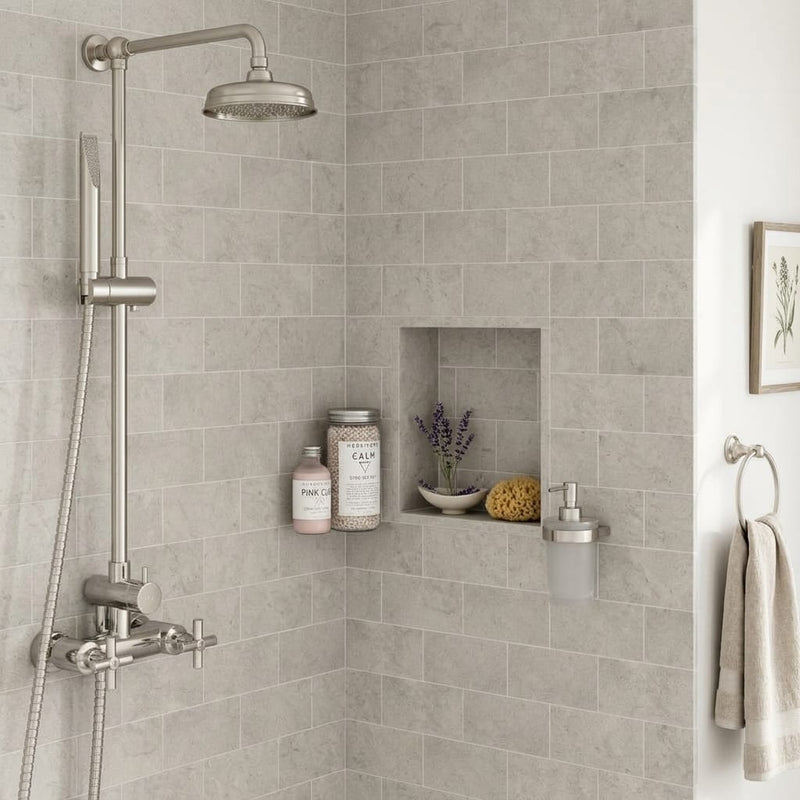 Volcanic Gray Limestone Tile 3x6 3/8 In — Bathroom shower wall