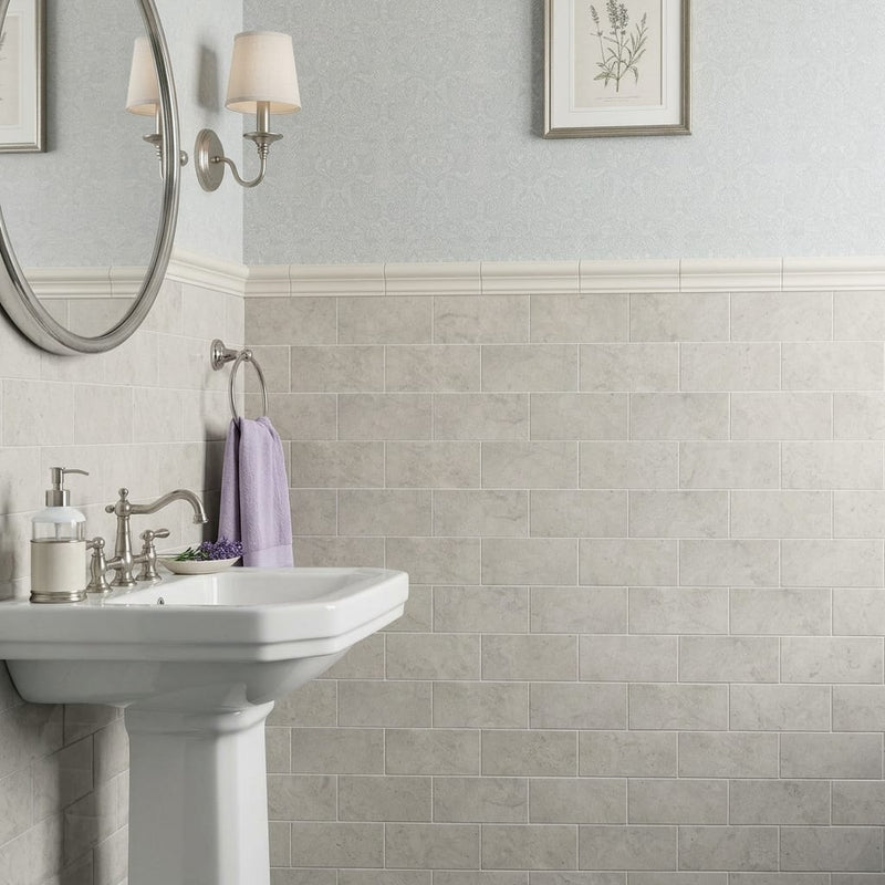 Volcanic Gray Limestone Tile 3x6 3/8 In — Powder Room wainscot
