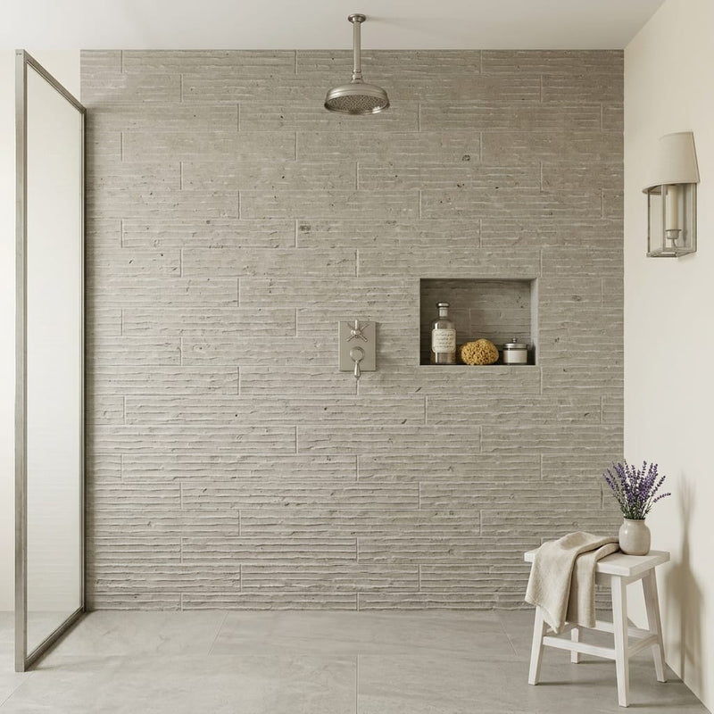 Volcanic Gray Limestone Tile 4x20 5/8 inch 4x24 — Bathroom shower wall