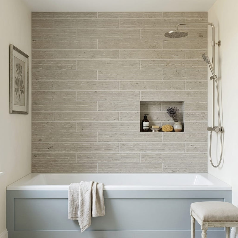 Volcanic Gray Limestone Tile 4x20 5/8 inch 4x24 — Bathroom tub surround