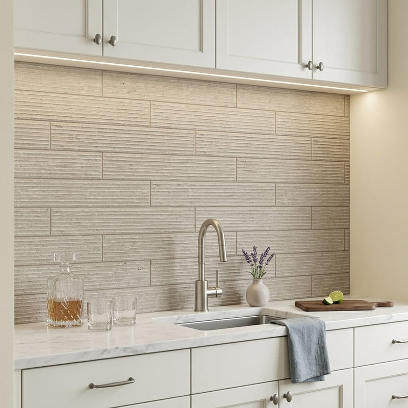 Volcanic Gray Limestone Tile 4x20 5/8 inch 4x24 — Wet Bar backsplash