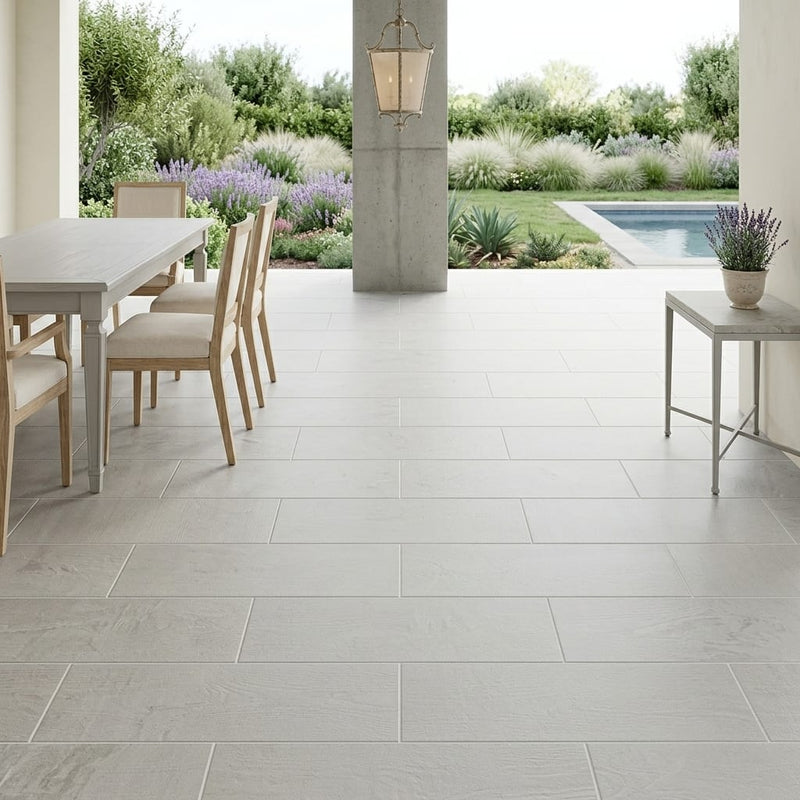 Volcanic Gray Limestone Tile 8x36 Honed 5/8 inch — Covered Patio floor